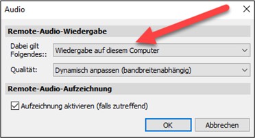 Set "Remote audio playback" to "Playback on this computer".