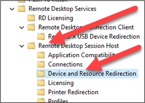 "Device and Resource Redirection" in the editor.