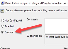 Set "Do not allow supported Plug and Play device redirection" to "Disabled".