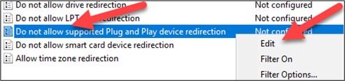 Configure settings for "Do not allow supported Plug and Play device redirection".