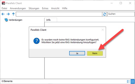 Click on "No" to skip adding an RAS connection.