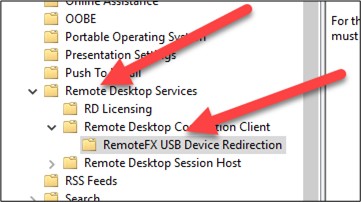 "RemoteFX USB Device Redirection" in the Group Policy Editor.