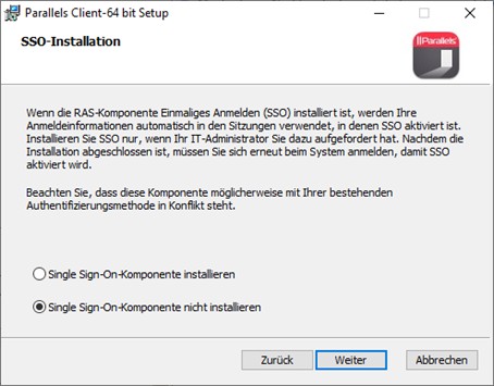 Select the option for not installing the single sign on component.