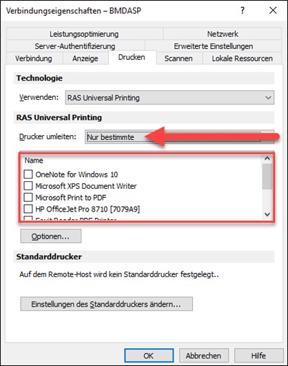 Settings for "Redirect printer" in connection properties.