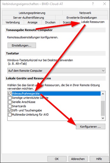 Configure the "Video capture devices" under "Local Resources".