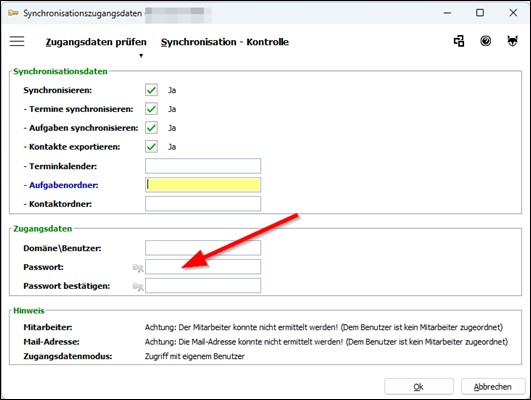 Screenshot of the dialogue for updating the synchronisation login details. The field for entering the password is highlighted.