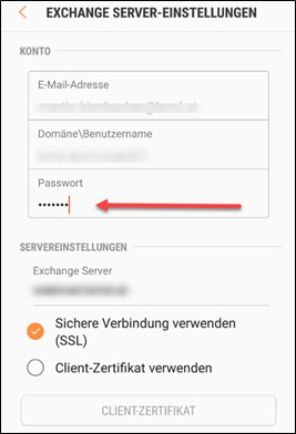 Screenshot of the Exchange server settings on a mobile phone or tablet.