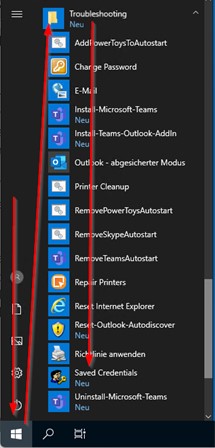 Screenshot of navigation via the Windows Start menu highlighting the "Troubleshooting" and "Saved Credentials" folders.
