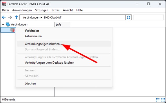 Screenshot of the Parallels Client context menu. Red arrow points to "Connection Properties".