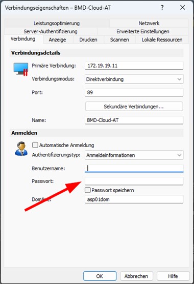 Screenshot of the connection properties in the Parallels Client. A red arrow points to "Password".