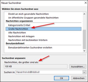 Screenshot of the method that allows you to filter your emails by size and quickly identify large attachments