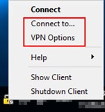 Screenshot of the VPN client options; "Connect to..." and "VPN Options" are highlighted.