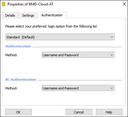 Screenshot of the method under "Authentication" and the change to "Username and Password".