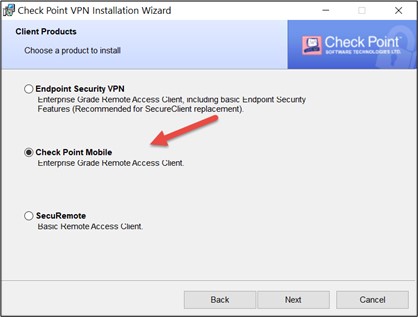 Screenshot of the installation setting; an arrow points to "Check Point Mobile".