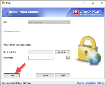 Screenshot of the certificate settings; an arrow points to "Connect".