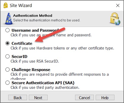 Screenshot of the authentication method with the selection "Certificate".