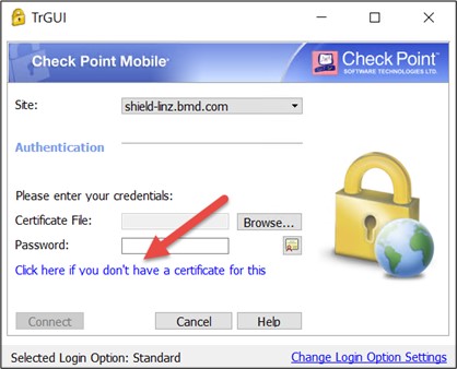 Screenshot of the settings for "shield-linz.bmd.com"; an arrow points to "Click here if you don't have a certificate for this".