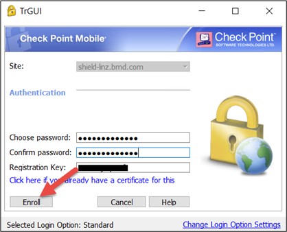 Screenshot of the password assignment; an arrow points to "Enroll".