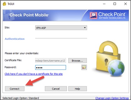Screenshot of the certificate connection and password entry; an arrow points to "Connect".