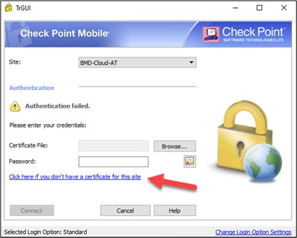Screenshot of the password prompt; an arrow points to "Click here if you don't have a certificate for this site".