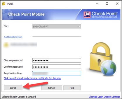 Screenshot of the login screen; an arrow points to "Enroll".