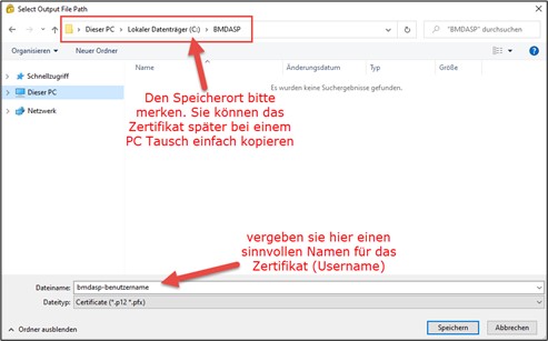 Screenshot of the storage location and naming of the certificate.