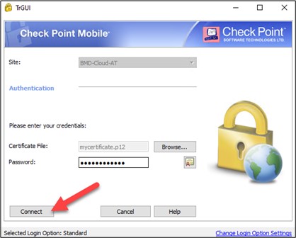 Screenshot of the password entry; an arrow points to "Connect".