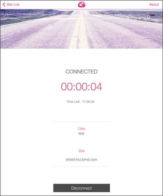 Successful connection – screen shows how long the user has been connected and the remaining time