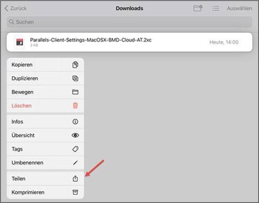 Screen "Downloads" with an arrow pointing to "Share"
