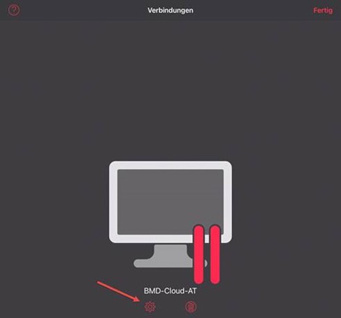 Screen "Connections" with an arrow pointing to the gear icon