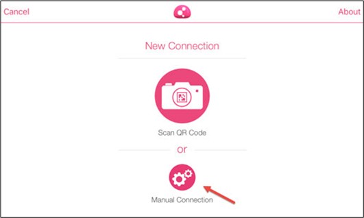 Screenshot when establishing a new connection with the options "Scan QR Code" and "Manual Connection"
