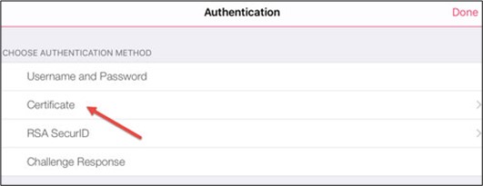 Screenshot of the authentication methods with an arrow pointing to "Certificate"