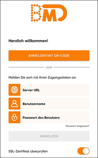 Login screen of the app BMD Go with various login options