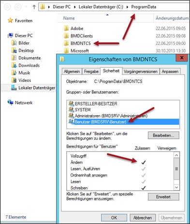 Screenshot of the "Security" tab in the BMD NTCS properties window; arrows point to the user and the checkmark for "Modify".
