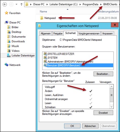 Screenshot of the "Security" tab in the Netspeed properties window; arrows point to the user and the checkmark for "Modify".