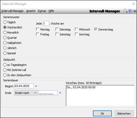 Screenshot of the "Interval manager" window