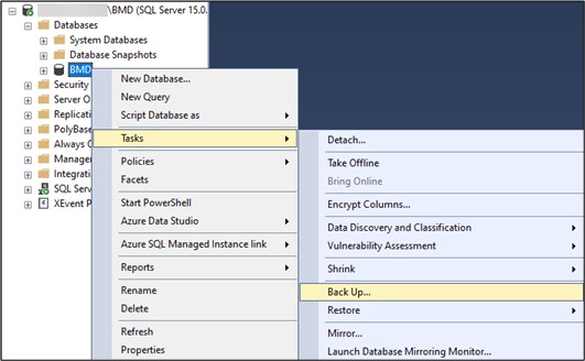 Screenshot of the function "Back Up…" under "Tasks" in the context menu of the database BMD