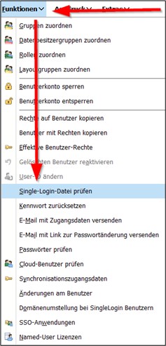 Screenshot of the functions menu; an arrow points to "Check single sign-on file".