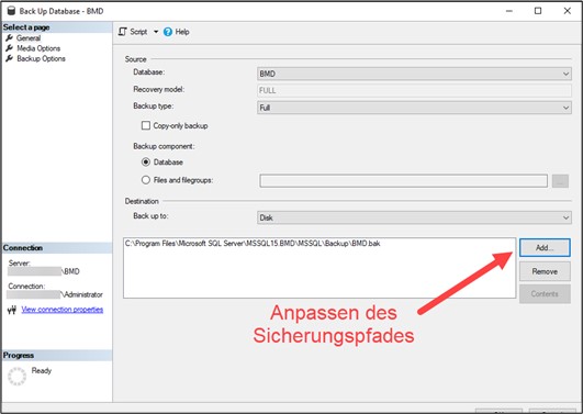 Screenshot of the window “Back Up Database – BMD”; a path has been specified and an arrow points to “Add…”