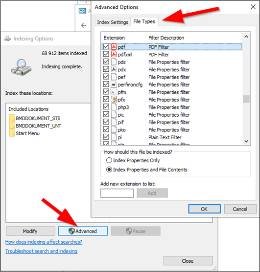 Screenshot of the indexing options; arrows point to "Advanced" and "File Types".