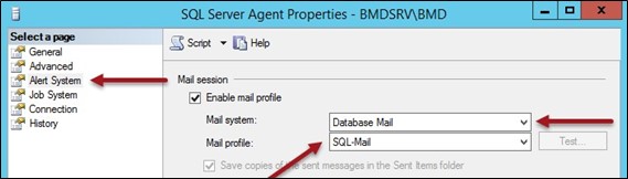 Screenshot of the SQL Server Agent Properties window; arrows point to "Alert System" and the settings for "Mail system" and "Mail profile".