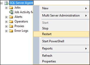 Screenshot of the "Restart" option in the SQL Server Agent context menu
