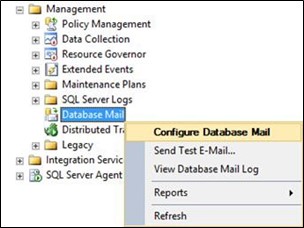 Screenshot of the "Configure Database Mail" option in the Database Mail context menu