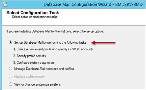 Screenshot of the Database Mail Configuration Wizard; an arrow points to "Set up Database Mail by performing the following tasks".
