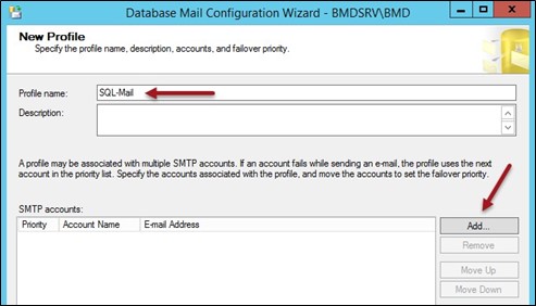 Screenshot of the Configuration Wizard; arrows point to the profile name and to "Add…".