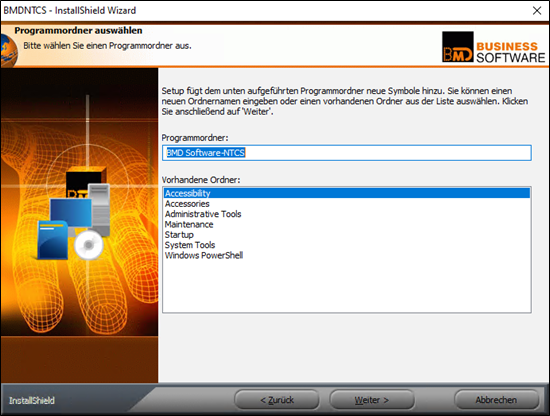 The setup page for selecting a program folder.