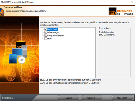 Setup page for selecting the features to be installed.