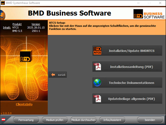 Initial setup page with several options.