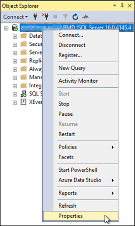 Right-click on the server and select Properties.