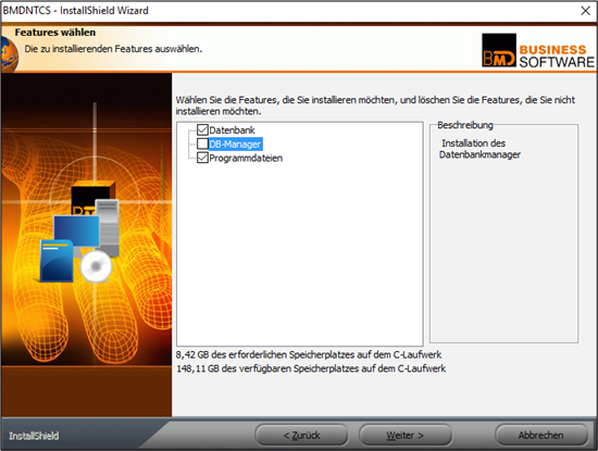 Setup window for choosing the features to be installed.